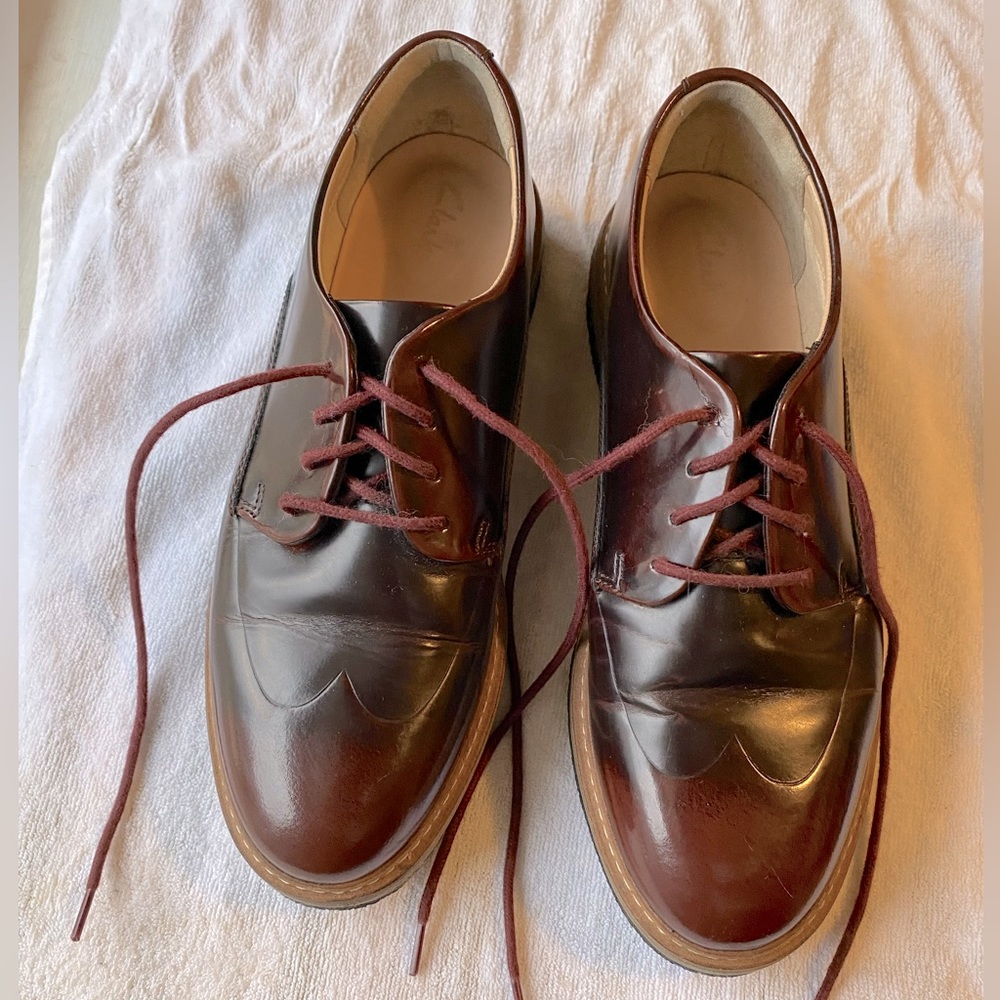 Clarks patent leather burgundy oxfords, size 8 US